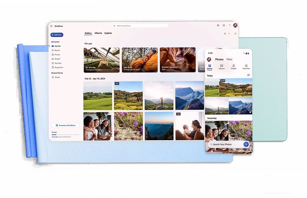 Một máy tính bảng và một chiếc điện thoại thông minh hiển thị ứng dụng thư viện ảnh với nhiều ảnh phong cảnh và cá nhân.