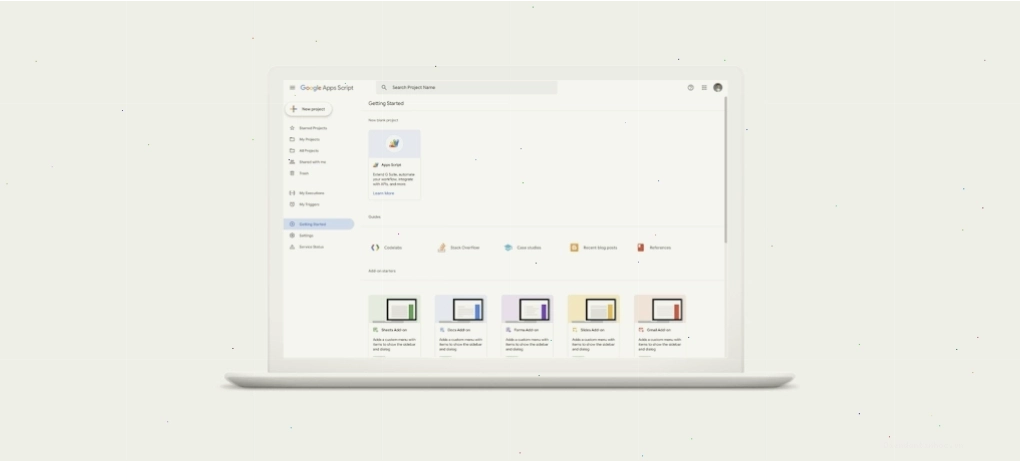 Nền tảng Google Apps Script hiển thị trên giao diện máy tính
