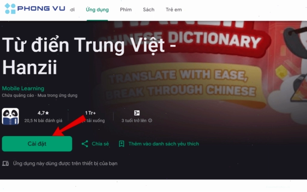 Nhấn nút Cài đặt để tải Hanzii Dict