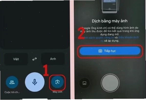 Nhấn vào biểu tượng Máy ảnh và chọn Tiếp tục trên Google Dịch