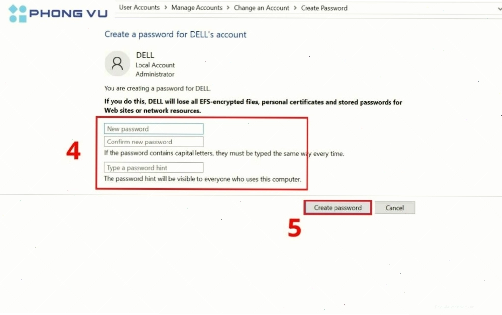 Nhập mật khẩu mới và nhấn Create password