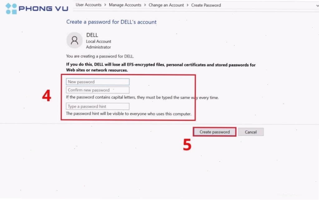 Nhập mật khẩu mới và nhấn Create password
