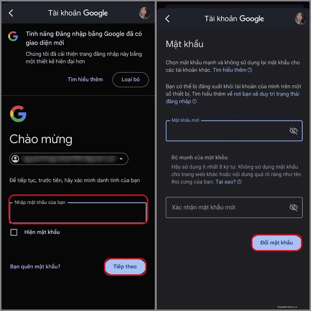 Nhập mật khẩu mới và xác nhận để đổi mật khẩu Google