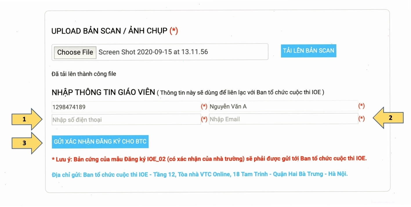 Nhập thông tin liên hệ giáo viên và gửi xác nhận đăng ký