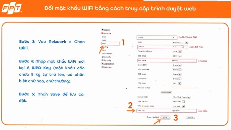 Nhập thông tin quản trị thiết bị và thiết lập mật khẩu Wifi mới