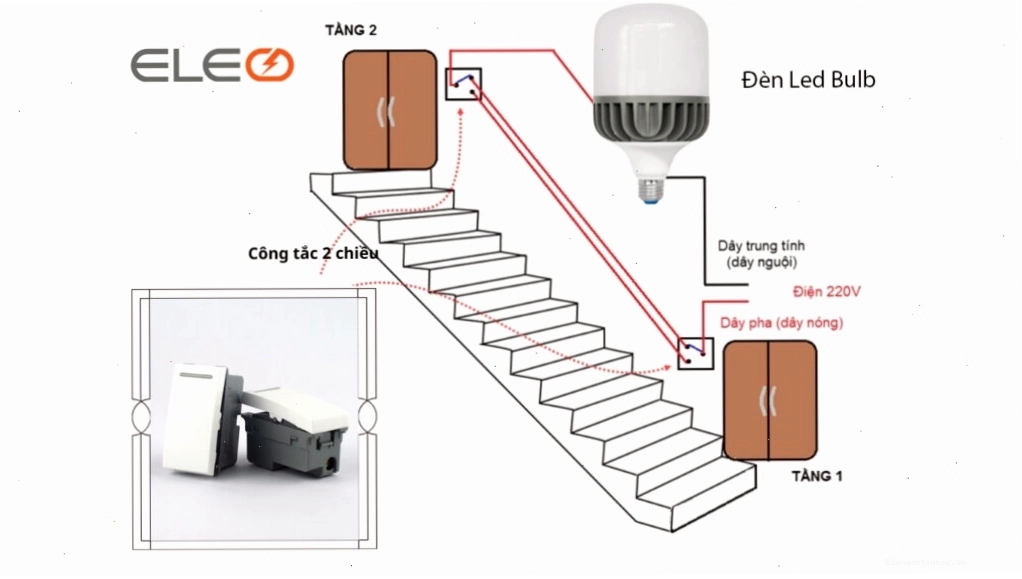 Sơ đồ mạch điện cầu thang sử dụng 2 công tắc 3 cực điều khiển 1 bóng đèn