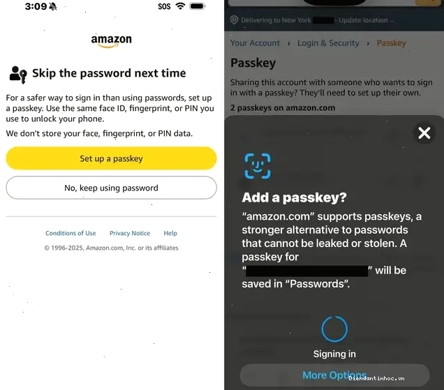So sánh giao diện đăng nhập bằng mật khẩu và Passkey