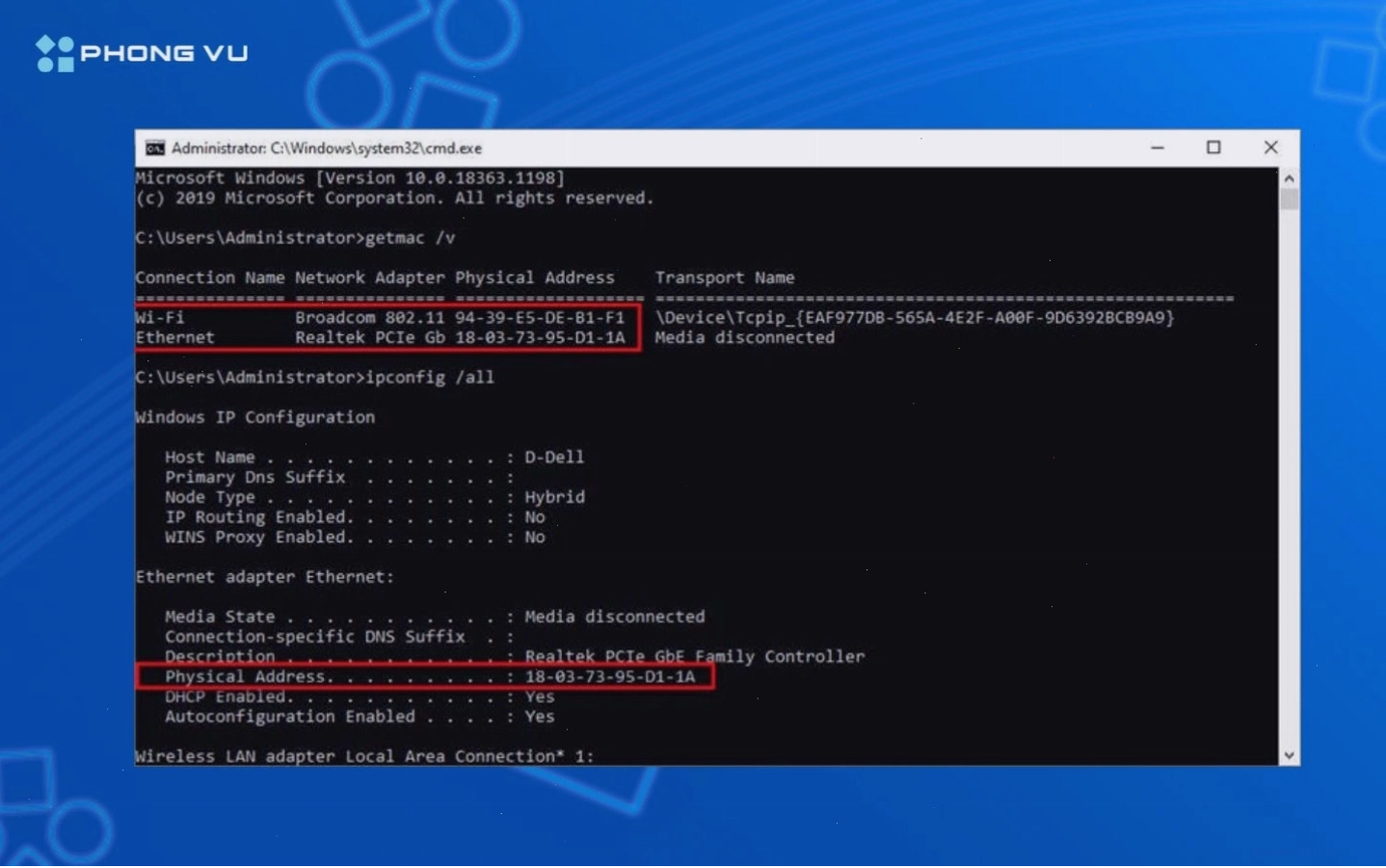Sử dụng lệnh ipconfig /all trong Command Prompt để tra cứu địa chỉ MAC