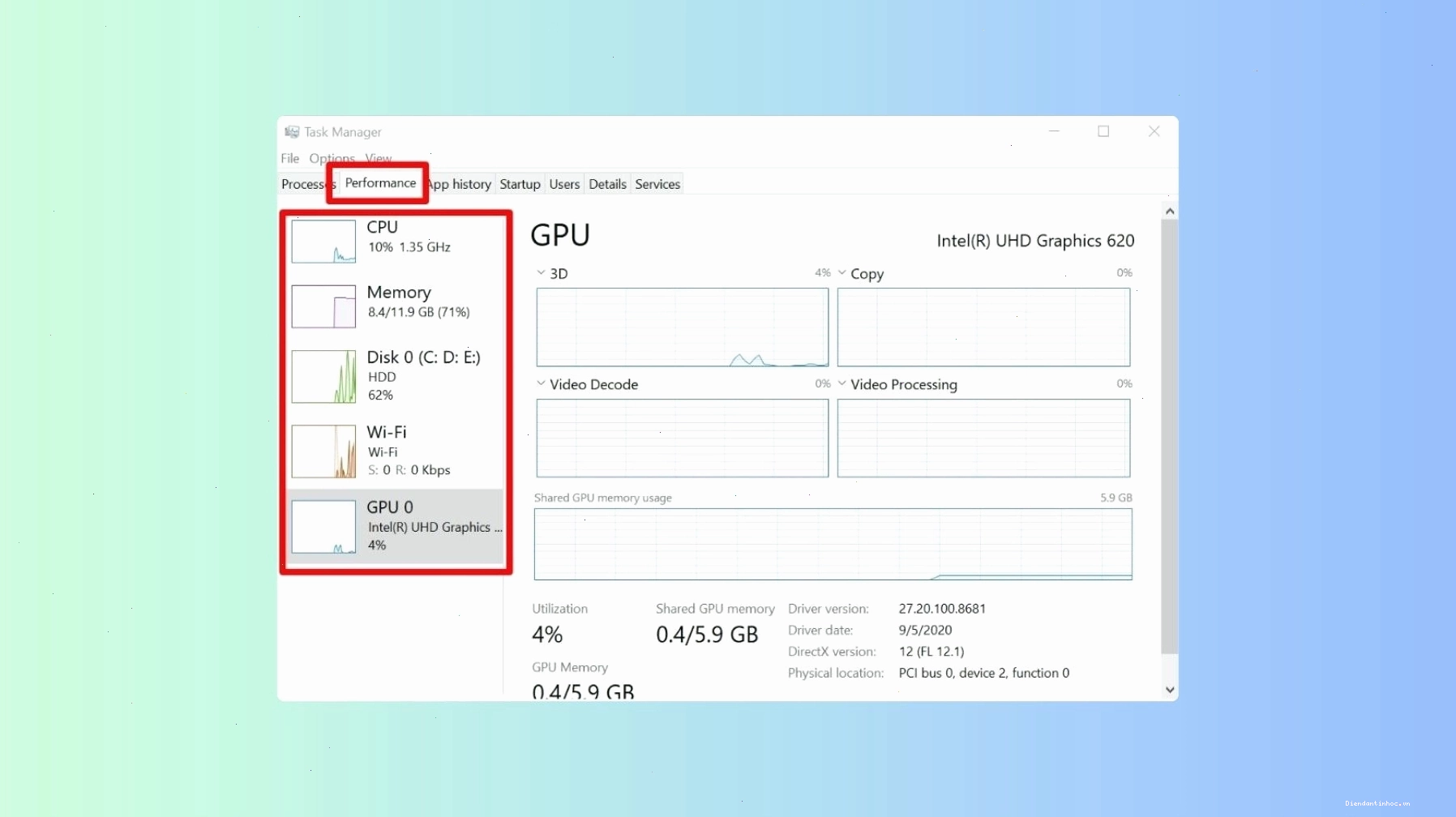 Task Manager cho biết loại RAM, tốc độ bus và thiết bị lưu trữ đang lắp trên máy.