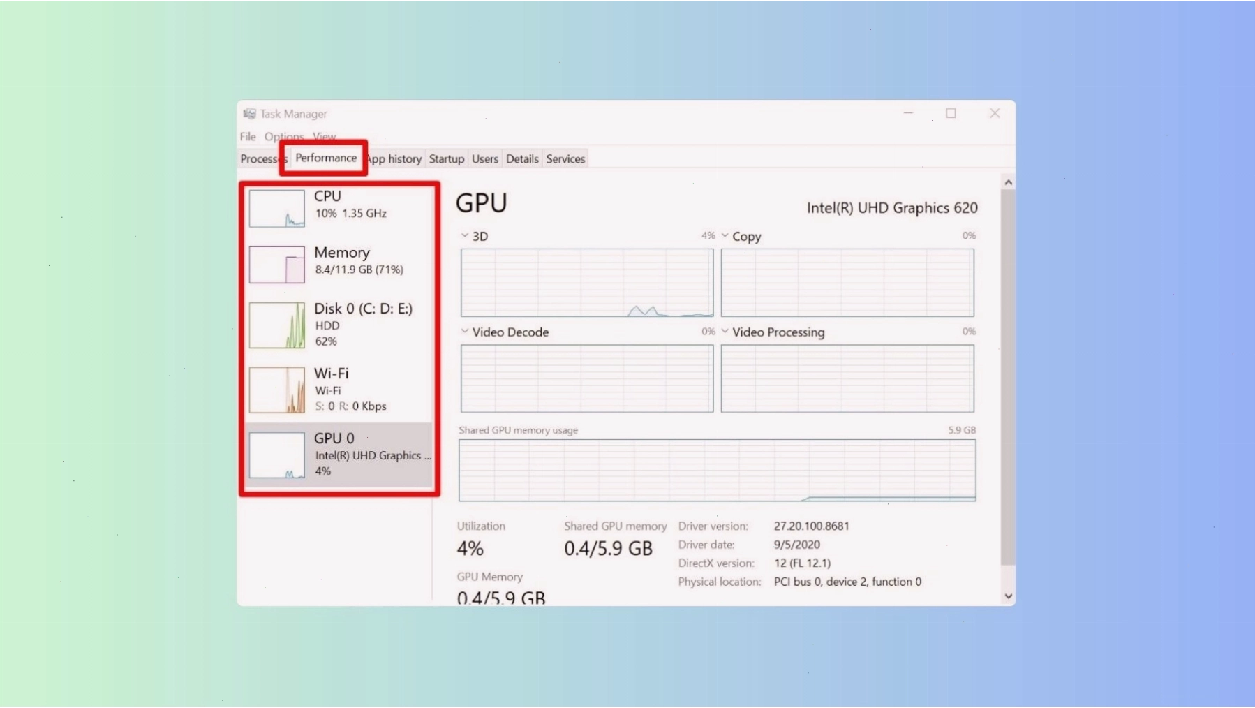 Task Manager cho biết loại RAM, tốc độ bus và thiết bị lưu trữ đang lắp trên máy.