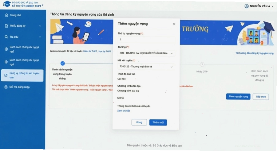 Thao tác thêm mới nguyện vọng trên hệ thống đăng ký đại học