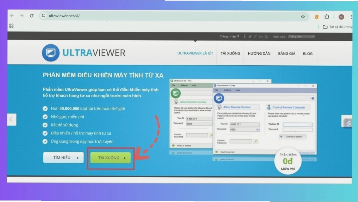 Tìm và click vào nút Tải Xuống Ultra Viewer trên trang web