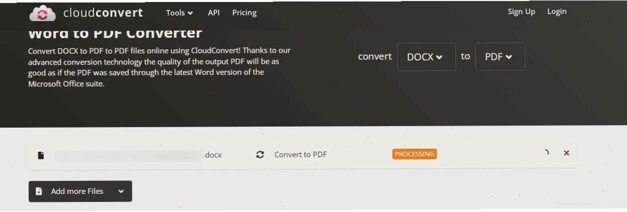 Trạng thái đang xử lý tệp tin trên CloudConvert