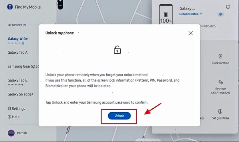 Trong giao diện Find My Device, nhấn chọn Mở khóa (Unlock)