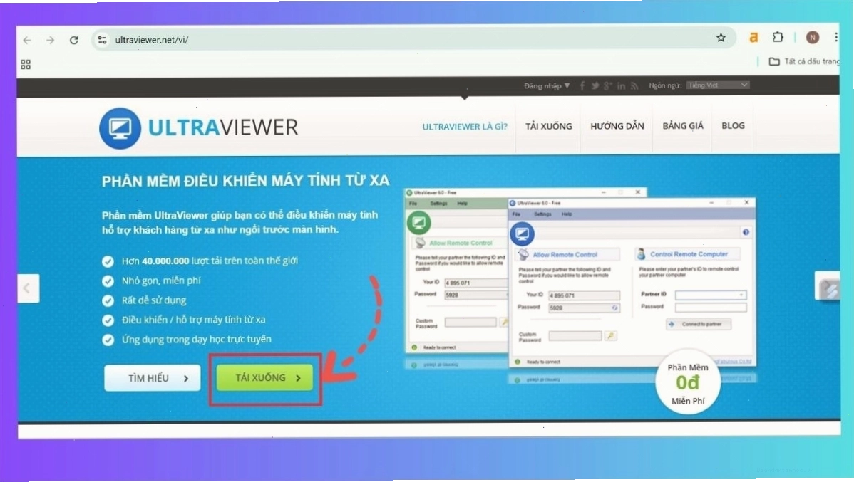 Truy cập trang web UltraViewer và nhấp vào nút Tải Xuống