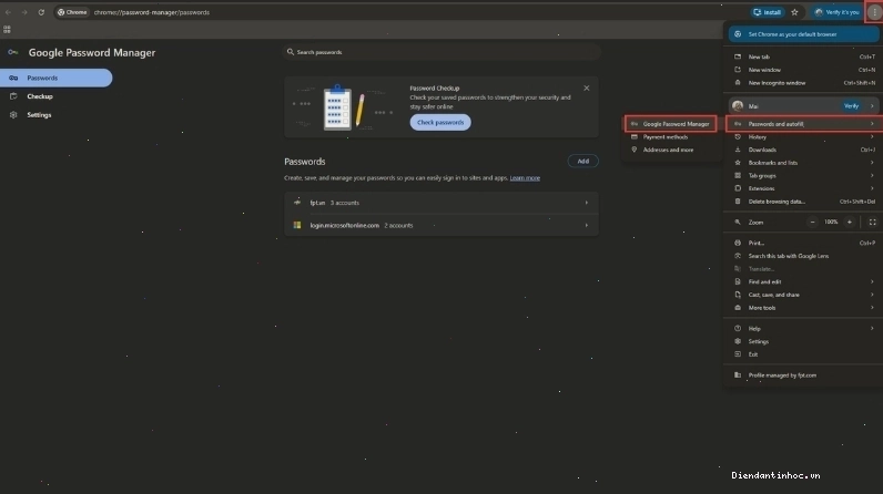Truy cập Trình quản lý mật khẩu qua menu Chrome