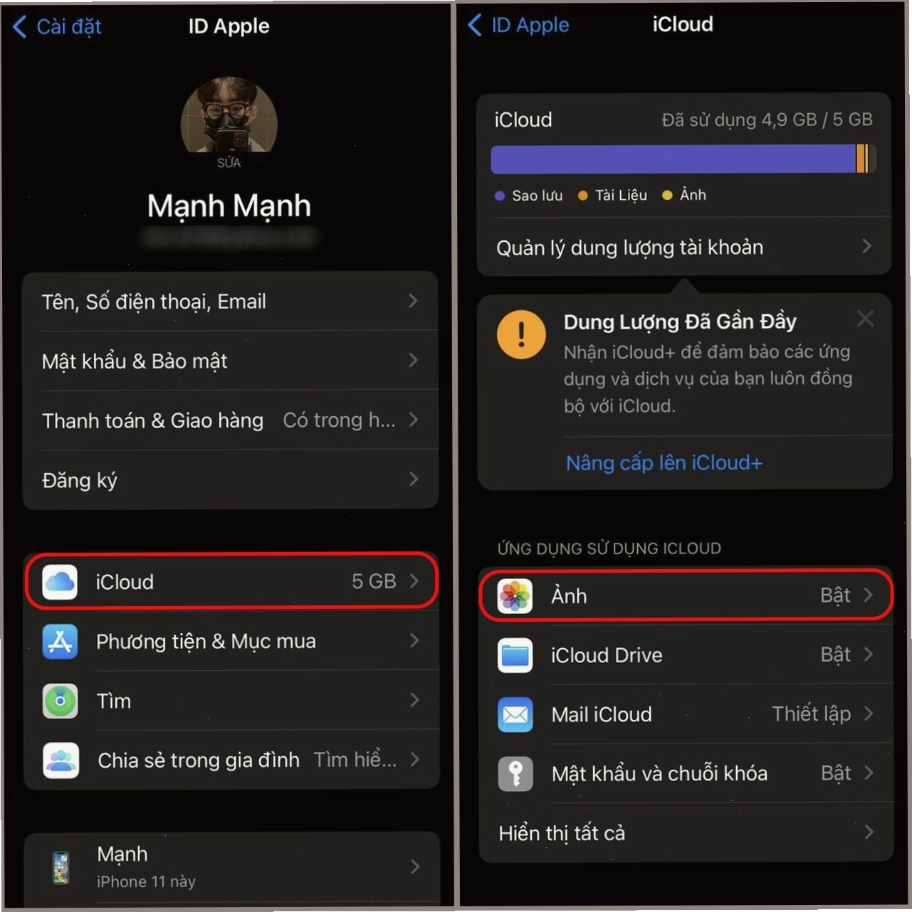 Vào mục iCloud trong Cài đặt