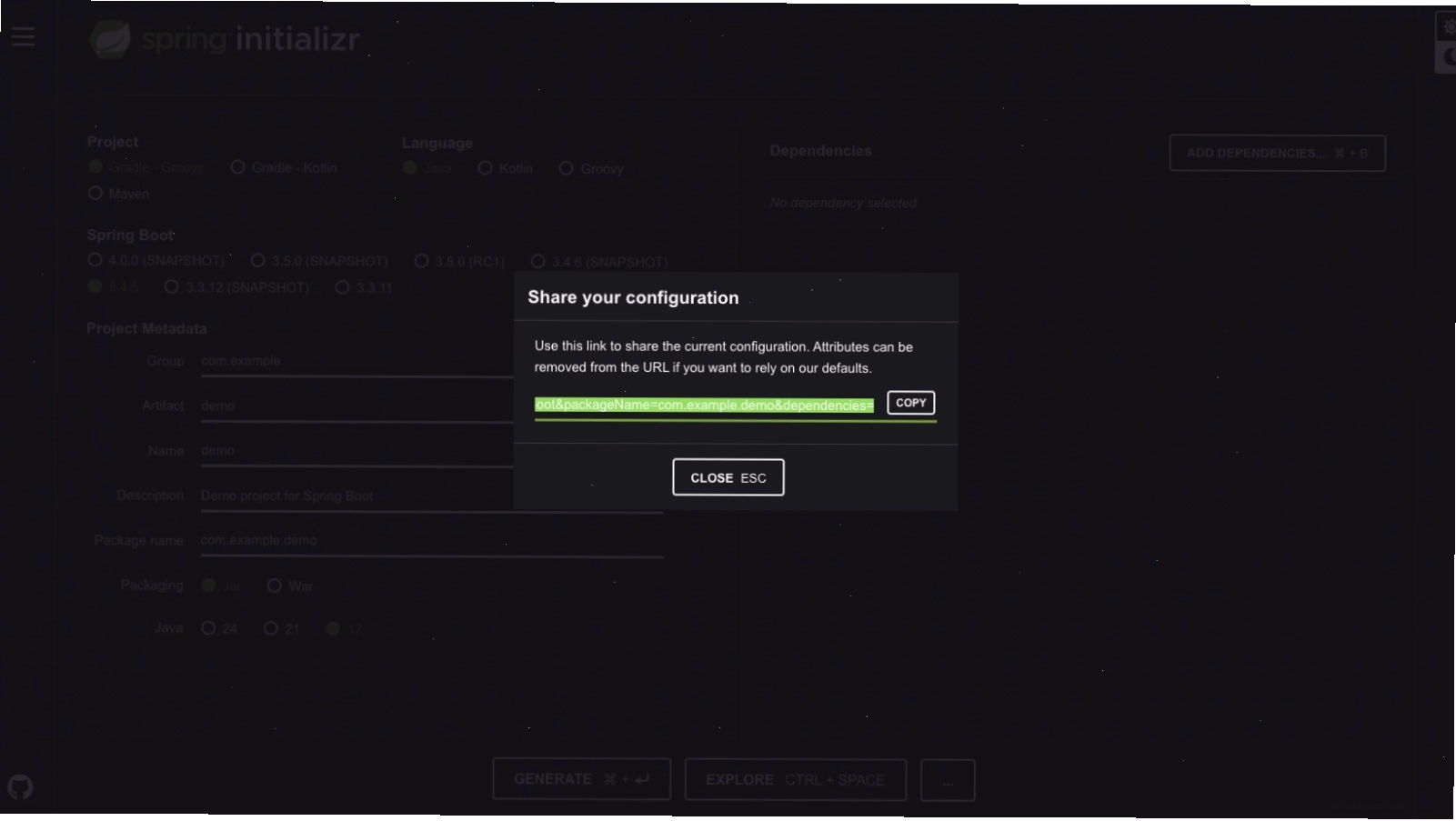 Ví dụ cấu hình dự án Spring Boot trên Spring Initializr