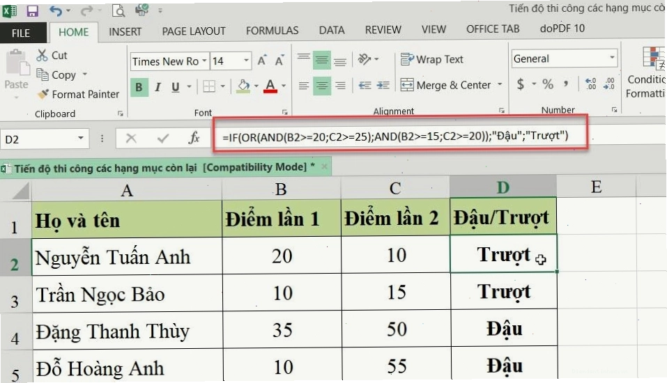 Ví dụ dùng hàm IF kết hợp với hàm AND và OR