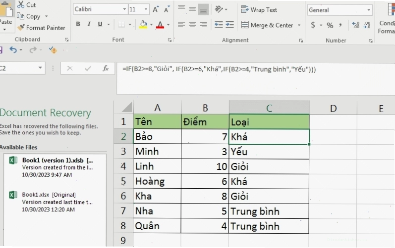 Ví dụ về hàm IF lồng nhau để xếp loại điểm học tập