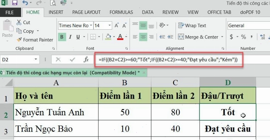 Ví dụ về hàm IF lồng nhau kết hợp với phép tính tổng