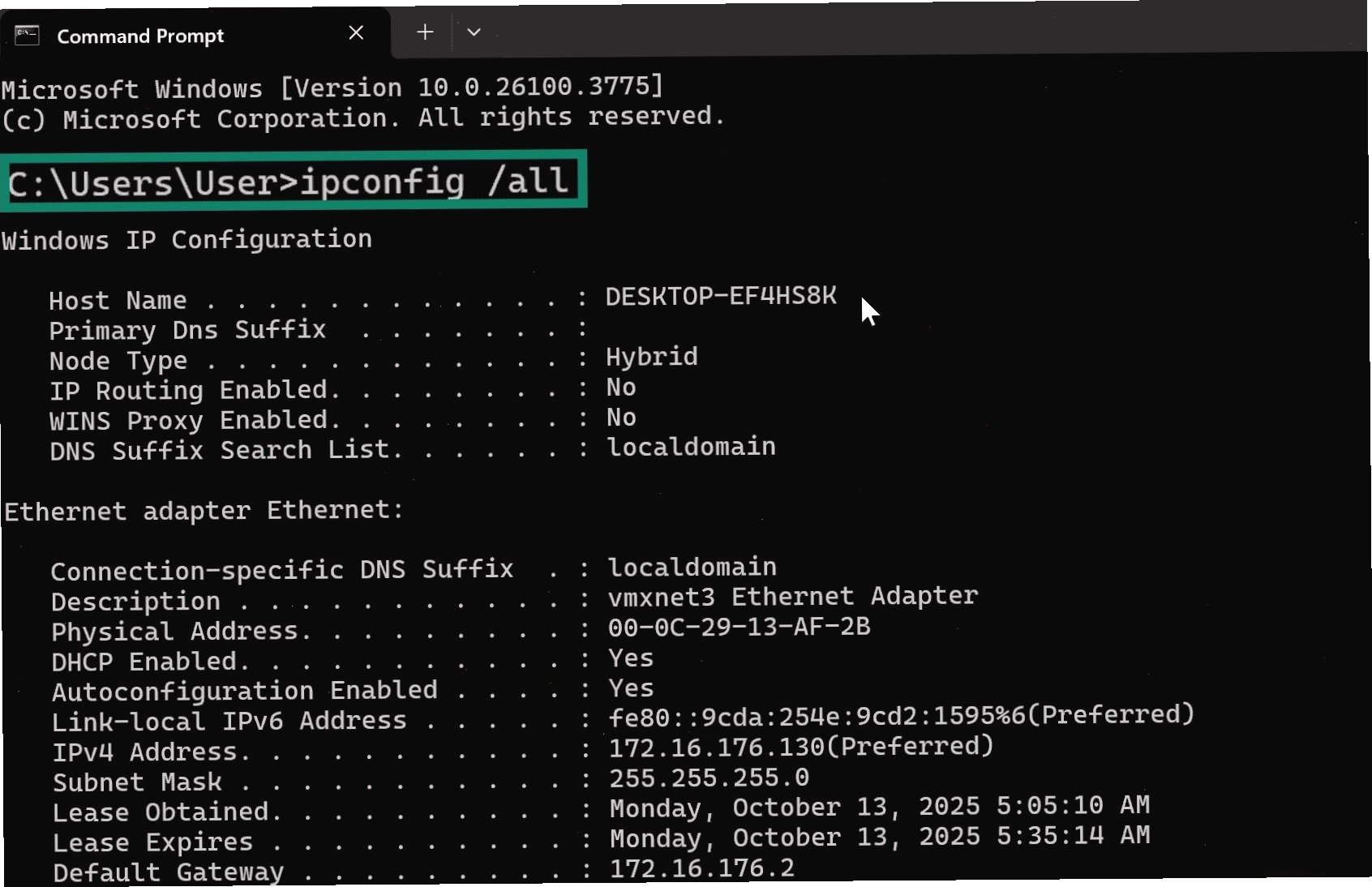 Windows Command Prompt showing the “ipconfig /all” command highlighted