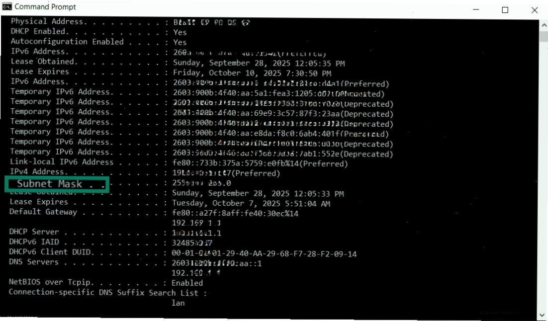 Windows Command Prompt showing the Subnet Mask value highlighted
