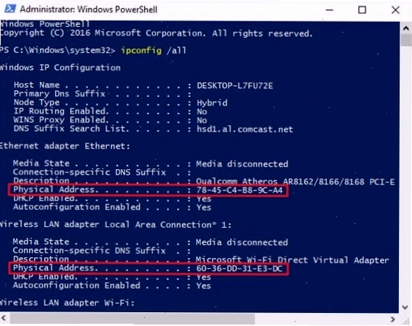 Windows PowerShell hiển thị địa chỉ MAC