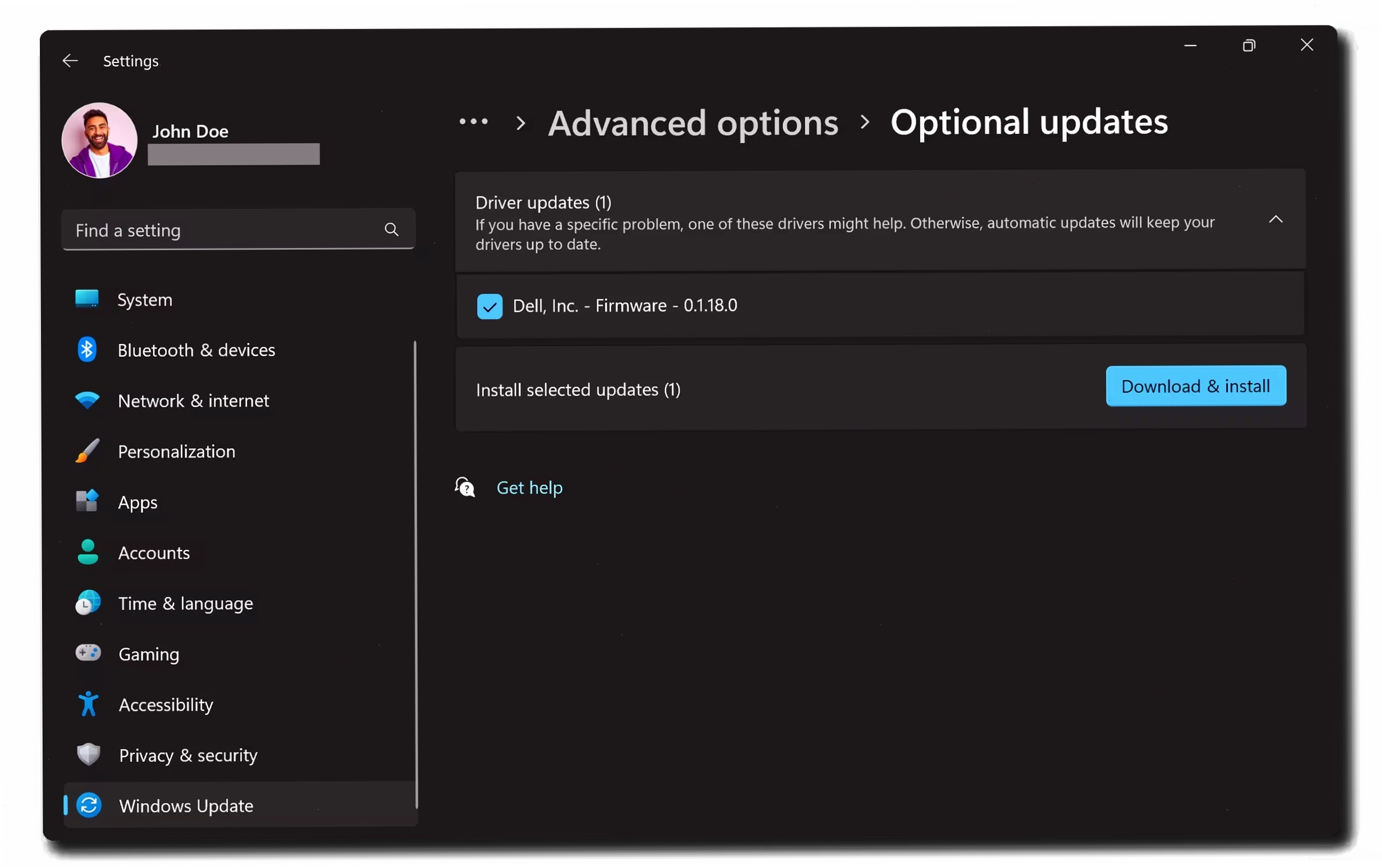 Windows Update optional updates screen showing driver and BIOS updates