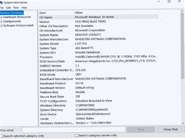Xem các thông số tại cửa sổ System Information