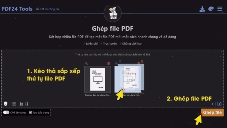 Xem trước và sắp xếp thứ tự các file PDF trên PDF24 Tools