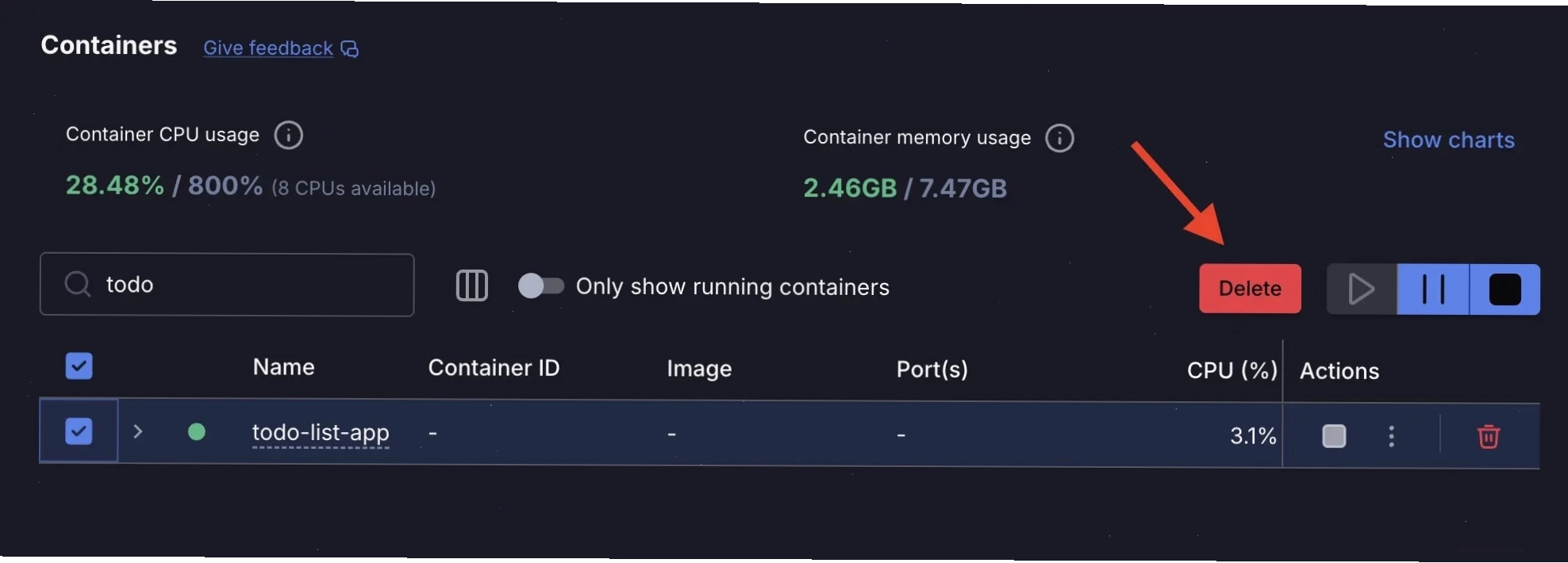 Xóa container trong Docker Desktop
