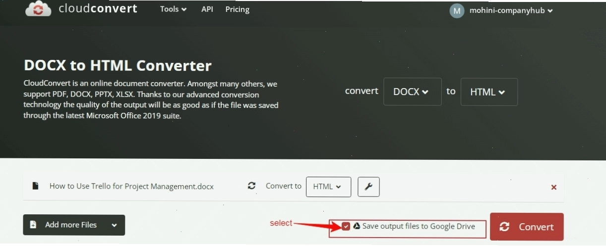 Xuất tệp tin đã chuyển đổi lên Google Drive